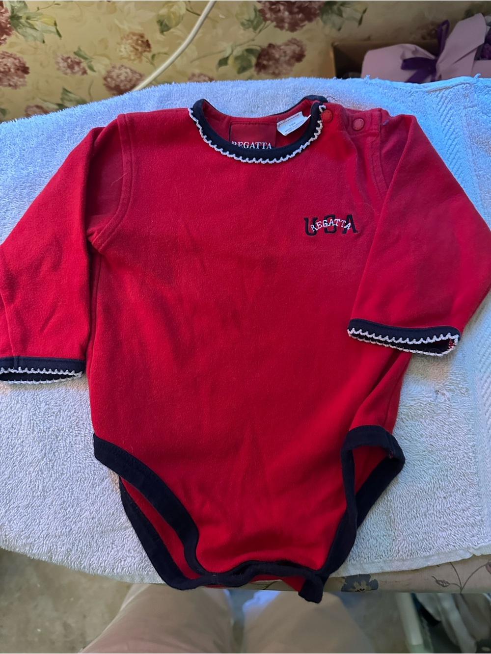 Red Long-Sleeve Baby One-Piece  Bodysuit with matching navy sweat pants